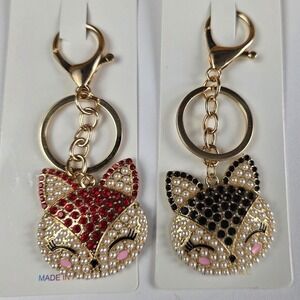 Pastel Collection Fox Bag Charm Key Chain Gold Faux Pearl Red Black Rhinestone
